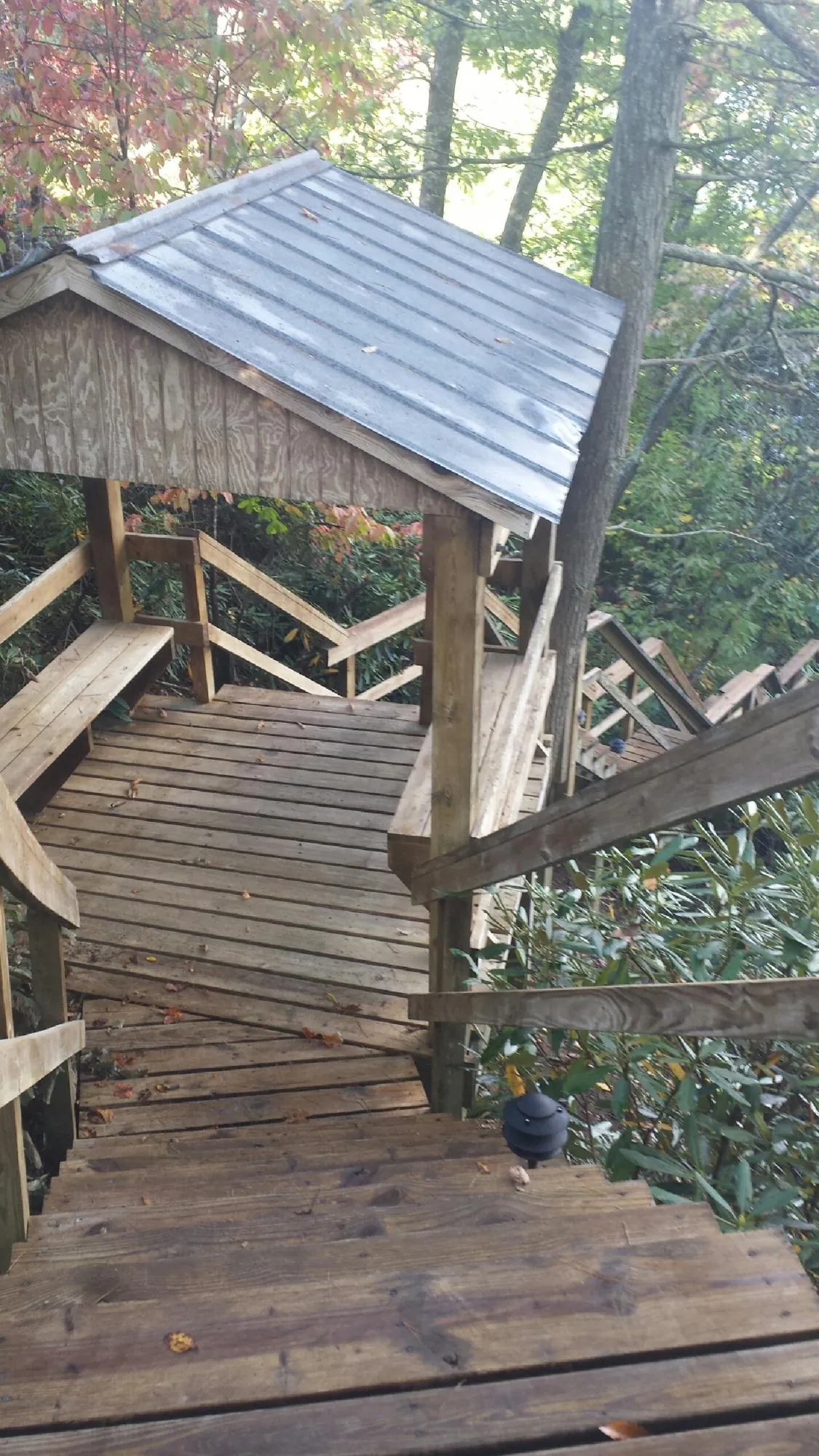 Metal roofed shelter over wooden steps on a wooded walkway — Skylight Repair & Installation work by our crew in Buffalo Creek