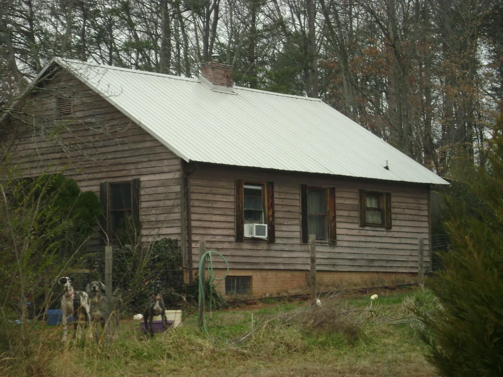 White metal roof on an old wood sided farmhouse, from a Metal Roof Installation job in Buffalo Creek